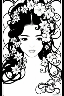 black and white, thick line, coloring book illustration, lineart, stunningly beautiful woman in flowers, ross tran, alphonse mucha