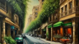 a modern street of Tehran with cafe shops . oil painting