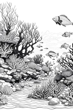 a black and white drawing of coral reef with fish and water