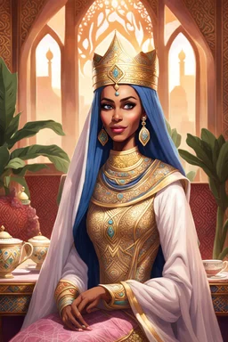 Story Arabian, a Queen Batoul would sit with her team called the Tea Majlis. Her team consisted of: - Riouf, her daughter and the hero of the tribe - Professional royal writer - Live Barbie game - Comedian Jim Carrey - Former U.S. President Donald Trump In a large room with wide windows from which the light of nature, light colors, plants, modern furniture, and modern interior design enter. They were thinking of a new interior design for the palace. Meanwhile, they drank cinnamon tea and watched