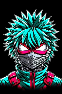 Create a metal mask similar to the one Izuku Midoriya wears in My Hero Academia, but have it extend to cover the full face. It should be gunmetal gray color and have symmetrical holes over the mouth area that glow slightly red. It should be worn by a rabbit and have a black hood