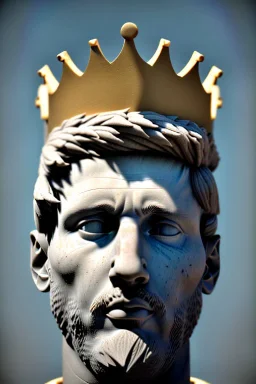 Ultra Realistic image, Roman sculpture, white marble material, Lionel Messi, gold crown of natural thorns, god crown, Renaissance style, sun rays background, waist up portrait, epic, celestial, cinematic lighting, God lights, 4k resolution, smooth details, soft lighting, unreal engine 5, art station, substance 3d.