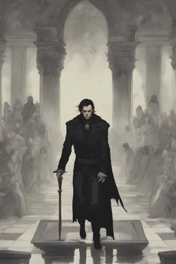 Strahd being pushed against his coffin. Toomb of the vampire Count Strahd Von Zarovich. Grand room, stone and marble, dark, black coffin made of polished ebony wood and brass. No windows.