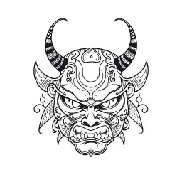 White, minimalis line art , cute oni mask japanes , vector, white background, outline, with images neatly contained within the background, just black and white color, tatto style.