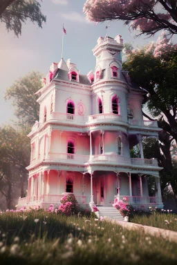 Victorian white house with pink flowers, in the style of Camilla d'Errico, hyper detailed, beautiful, complex, trending on artstation, cinema4d, cryengine, national geographic photo, chiaroscuro