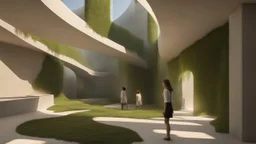 A small and irregular courtyard with curved concrete walls with random openings or openings of different sizes through which the sun's rays enter and other straight glass walls through which the silhouette of people inside can be guessed. Ivy grows on some of the walls.