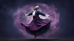 Hyper Realistic Sufi Whirling with Purple & Maroon, Islamic Sufi Rustic Grungy navy-blue Background with black fog around at night