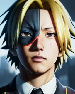 Detailed anime portrait of denki Kaminari from my hero academia, golden hair, black suit, intricate details, full body portrait, keep head in frame, slight smile, black Japanese motif, concept art, highly detailed, digital painting, concept art, sharp focus, illustration, art by Yoji Shinkawa, WLOP and greg rutkowski and alphonse mucha and artgerm and yanjun Chen and Junji ito and Makoto Shinkai, HDR, octane render