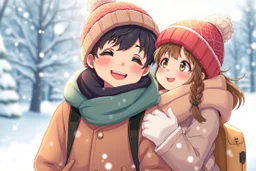 cute detalied anime from one boy and one girl dressed warmly in coats and hats, enjoying a day out in the snow together. They are both smiling and embracing the cold weather, showcasing a strong connection between the two, winter scene, detalied, high 3d anime, aesthetic design, snowy landscape, beautiful shot, stunning, cinematic