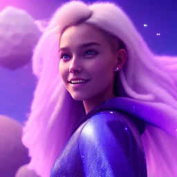 A portrait of a crystalline girl,smiling, longs blond hairs, galactic costume, atmospheric, realistic, cinematic lighting, octane render, purple and blue sky, nebula, stars, planets