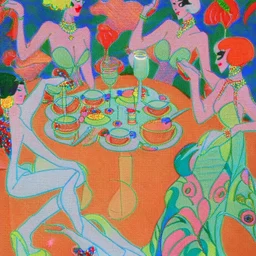 Flamboyant cocktail party by artist "André Lhote",Embossed Embroidery by artist "Osamu Tezuka"