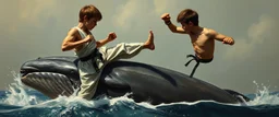 close up on karate kid in kick boxing match on top of whale, painted by rembrandt