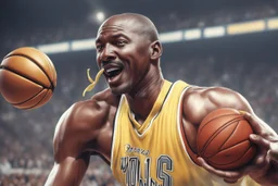 michael jordan wearing a banana mustache, shooting a basketball and crying, photorealistic