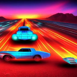 art deco, cyberpunk, two neon muscle cars, race, speed, desert road, sunset, full colour, hd,