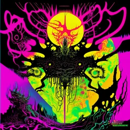 Exponential Eldritch paradigm shift, abstract surrealism, by Graham Sutherland and Arthur Secunda, silkscreened mind-bending illustration; asymmetric, synthwave album cover art, acid burn neon colors, atmosphere guided by N(t)=N0​⋅e−kt