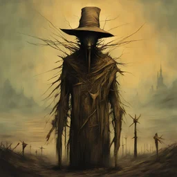 scarecrow revisionist history, lovecraftian reanimated straw gods in the gaps of reality, horror surrealism, by Dave McKean and Arthur Secunda and Zdzislaw Beksinski, mind-bending pen illustration; warm colors, diagonal composition, arcane rune-like vertical textures, dark shines war, complex contrast