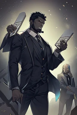 Dashing black man in a suit, holding a deck of cards.