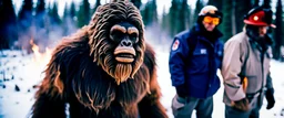 close up of a bigfoot in documentary photography, burned trees, Wildfire, Smoke, burning, forest fire, August 1995, Yeti, Dystopian, Japanese, Extreme depth of field, bokeh blur, Alberta, all-natural, in the style of candid, imperfection, natural lighting, Professional shot, shot on Agfa, Fuji Film, Anamorphic lens --ar 4:5 --w 150 --style raw