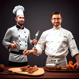 portrait of handsome man and another chef in front dark wooden statue of a cook, shiny fork and knifes on dinner table with cloth, fantasy art book cover