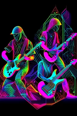 neons psychedelic guitarist musicians with geometrical patterns and neon colors