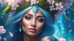 Close-up portrait of a gorgeous smiling skinny polynesian goddess with a golden dark shining skin, long smooth clear turquoise blue white hair, blue eyes, in a sci-fi outfit with luminous strikes blowing a kiss in a hill of flowers with sakura trees, a small torrent, loads of mini flowers, moss, sun rays through the branches, particles in the air at spring