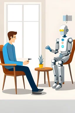 A man in a room with a robot therapist, both sitting on chairs talking in a friendly way.