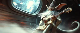 jai gweightless,high speed blur, fluffy as hell illithid high priest gremlin guitar acoustic banger, instrumental, celtic, georgian, gypsy jazz, back on track portrait of space captain gnome lich, , priest psycho, in cockpit, celtic knot hollow tube transparent core ornate indented space ship, shiny bright mega ship flourescent white blue like bubble gum with a few big windows and decks, interdimensional twister, rock against colored spaced fog, space interior. split tail, winged serpent, ganesh