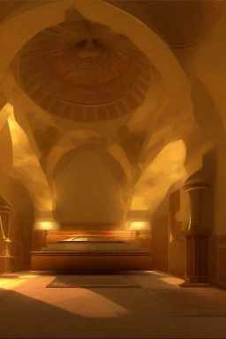 An Egyptian bedroom with arches, a big bed, cushions, rugs, lamps