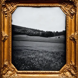 Daguerrotype frame old landscape odd creepy obsessive great nostalgia, bright, weird, old postcard landscape, cespugli, sfocato, sentiero, osceno, dettagli della cornice molto accentuati, polvere, horror, tridimensional