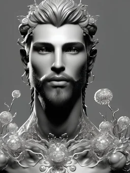 photo realistic youthful male Dryad handsome short dark hair beard cheek bones shiny eyes, great physique Ultra render raised detail shiny glass high resolution insane details realism shiny 3d intricate glass leaves shiny 3d intricate glass flowers shiny 3d intricate glass petals raised details shiny glass beads very detailed shadows backlit 8k