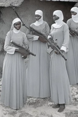 soldato giovane con fucile spara a suore africane con tunica grigia