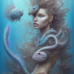 sango fantasy, fantasy magic, intricate, sharp focus, illustration, highly detailed, digital painting, concept art, matte, artgerm and paul lewin and kehinde wiley, masterpiece sexy lips Hawaiian afro lips black African lady body mermaid lionfish head blue space lady beach sea under water mermaid seaweed