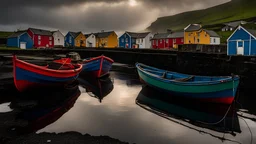 Painted fishermen’s boats anchored in a harbour in the Faroe Islands near a fishing village, fishermen putting fishing nets on their boats, peaceful, calm sea, early morning, sunrise, beautiful romantic photograph, excellent composition, atmospheric, realistic