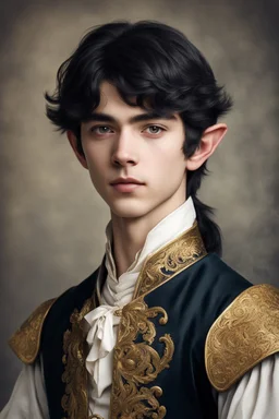 Young elven boy of seventeen years old, with black hair and golden eyes, dressed in aristocratic clothes from the 16th century.