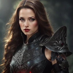 young woman with long brown hair, arrogant red eyes, wearing black leather fantasy armor, detailed, 4k resolution, hd