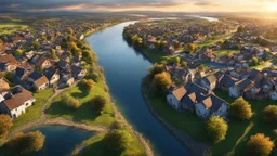 bird's eye view of the village, sunset, river, high detail. 3d, 64k, high resolution, computer graphics, hyperrealism, f/16, 1/300 sec.