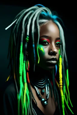 Neon Negative fluorescent colors and in a girl with black beads on the white hair dreadlocks