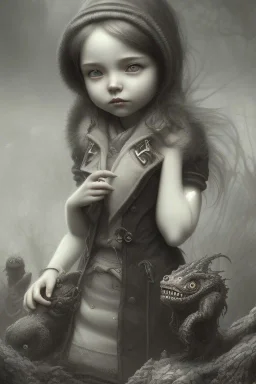 cute girl and litlle monster,Style John Kenn Mortensen,