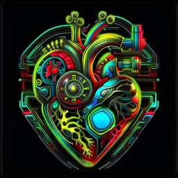 VECTOR LAYERED MULTICOLORED COMPLIMENTARY NEON MECHANICAL HUMAN HEART, METALLIC,