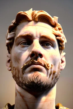 Realistic image, Roman sculpture made in white marble with gold veins, Lionel messi with gold laurel leaves crown, decorative star on the chest, waist up portrait, marble material, gold ornaments, Baroque style, sun rays background, epic, celestial, cinematic lighting, God lights, 4k resolution, smooth details, soft lighting, unreal engine 5, art station, substance 3d.