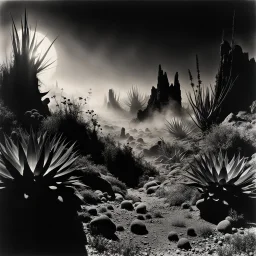 A striking quality photograph captures a wasteland with groups of plants, creepy, Amano, Audubon, Yves Tanguy, details of the dust very accentuated, glossy organic masses, adorned with minerals and rocks. Bathed in intense light, eerie, Max Ernst style, black sun, fog