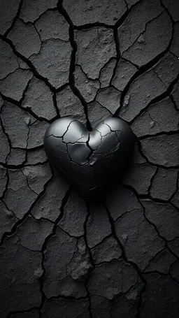 Cracked black heart in a dark, textured style with a monochromatic color scheme. The heart is prominently featured in the center, appearing three-dimensional and emerging from a surface that is heavily cracked and fragmented, resembling dry, parched earth. The cracks radiate outward from the heart, emphasizing a theme of brokenness or decay. The composition focuses tightly on the heart, with the surrounding surface showing intricate patterns of cracks and fissures. The color palette is primarily