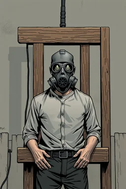 a man wearing a gas mask and standing by a stylized wooden electric chair, graphic novel