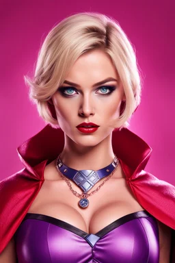 super pretty woman, big bub, good body, nice, greath blue eyes, blonde short haired, vinil red costume, serious mode, intense look, rude mode, cross necklace, cape, little bit cloth, intrincate details, high definition picture, good A.I. production, pink and purple background.