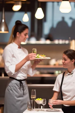 waitress and waiter serving tables in a modern restaurant in Spain, real photograph; photo taken with Fuji XT3 50mm lens camera, well-lit restaurant