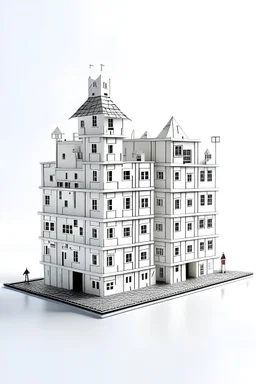 3-D picture of a 'house of cards' with a white background viewed from distance