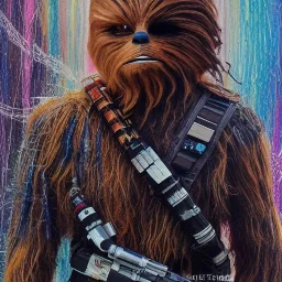 photorealistic and intricate portrait of chewbacca in star wars by Carne Griffiths, wearing beskar armor, deep dark colors, hyperdetailed, 32K, oil on canvas,