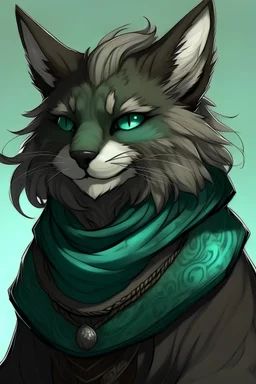 a fluffy tabaxi druid with all black fur wearing cottage core clothing and teal eyes