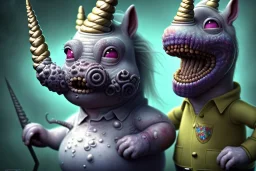 ultra realistic cartoon fat unicorn, derpy eyes, droopy tongue, fangs, slime, lesions, lowbrow surreal, dark shading, horror lighting, tentacles, dave dorman, simpsons drawing, 8k, hdr, intensely detailed, alex grey