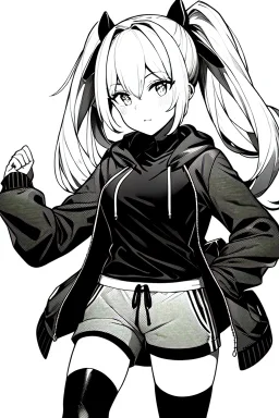 blonde girl with ponytails dressed in a jacket and shorts walks proudly, greyscale